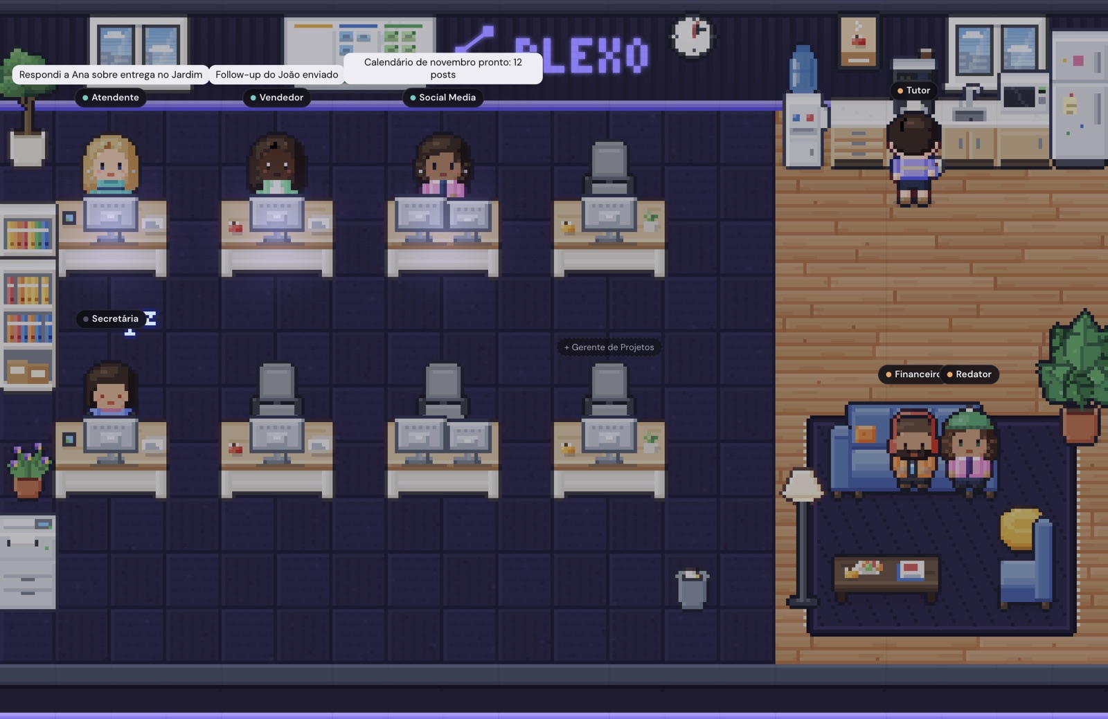 Escritório em pixel art do Plexo: agentes digitando nas mesas com balões do que acabaram de fazer, como Respondi a Ana sobre entrega no Jardim, e outros descansando no sofá